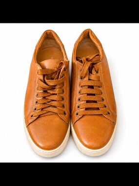 Frank Daniel Italy Leather Sneakers Tan Minimal Lace Up White Sole No Size Read